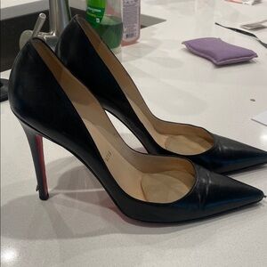 Christian Louboutin Black Leather Pointed-Toe Pumps with Red Soles